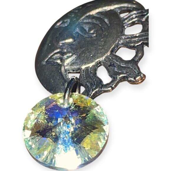 Sun Moon Face Pendant with Iridescent Crystal Drop | Celestial Boho Charm - Picture 2 of 7